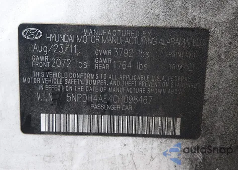 2012 Hyundai Elantra Gls z USA, uszkodzony, nr VIN 5NPDH4AE4CH098467